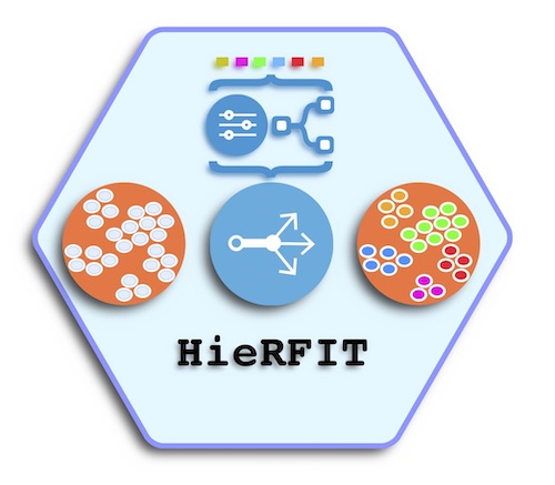 HieRFIT logo. A hexagonal logo with points in a circle on the left, various arrows and icons in the middle, and the same points now colored on the right.