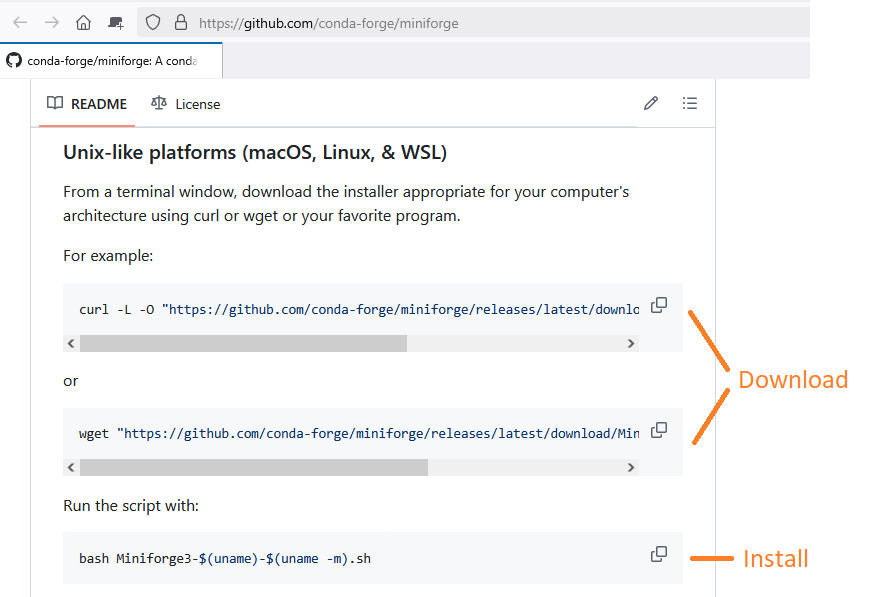 A screenshot of the miniforge repository's installation instructions