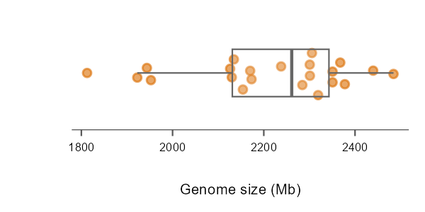 A boxplot showing a distribution of genome sizes for 22 turtles